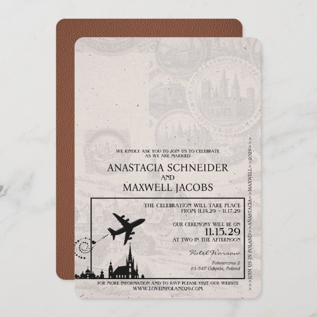 Brown Poland Passport Wedding Invitation (Front/Back)