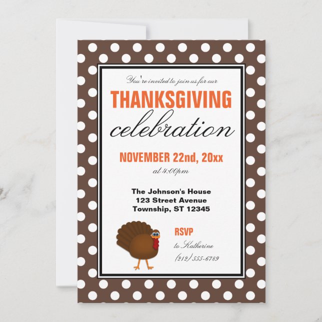 Brown Polka Dot Orange Chevron Thanksgiving Invitation (Front)