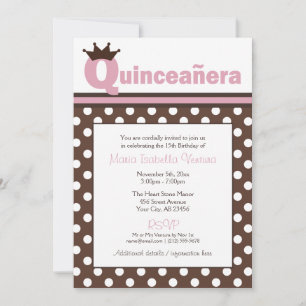 Brown Polka Dot & Pink Quinceañera Invitations