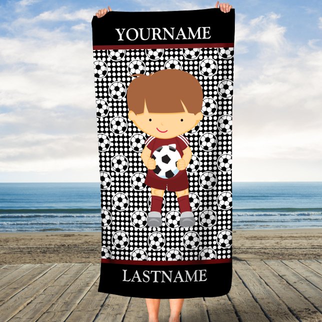 Brown Polka Dots Soccer Personalised Name Kids Beach Towel (Creator Uploaded)