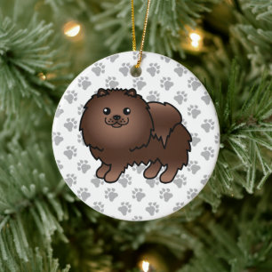 Brown Pomeranian Cute Cartoon Dog & Paws Ceramic Tree Decoration