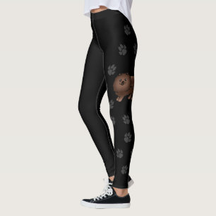 Brown Pomeranian Cute Cartoon Dog & Paws On Black Leggings
