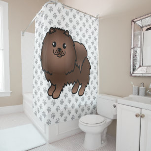 Brown Pomeranian Cute Cartoon Dog & Paws Shower Curtain