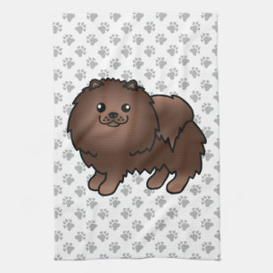 Brown Pomeranian Cute Cartoon Dog & Paws Tea Towel