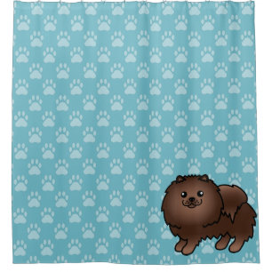Brown Pomeranian On Blue And Dog Paws Shower Curtain