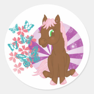 Brown Pony with Flowers and Butterflies Sticker
