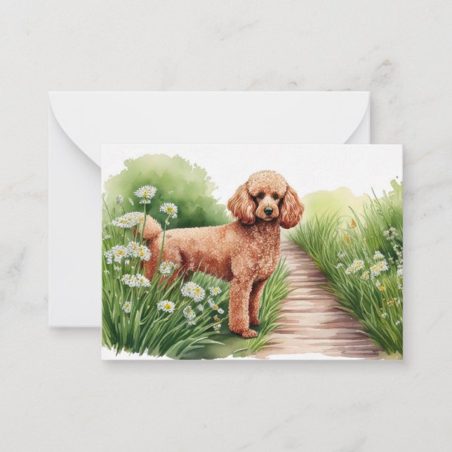 Brown Poodle and Flowers Note Card (Front)