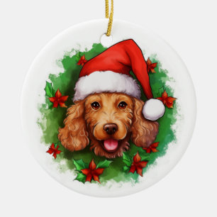 Brown Poodle Christmas Wreath Ceramic Tree Decoration