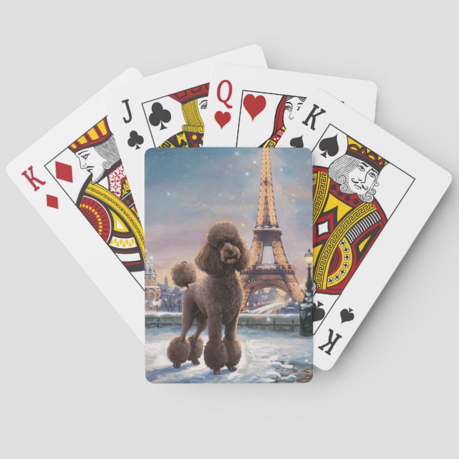Brown Poodle Winter in Paris Painting Art Playing Cards (Back)