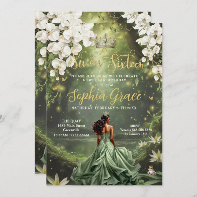 Brown Princess and Frog Sage Green Dress Sweet 16 Invitation (Front/Back)