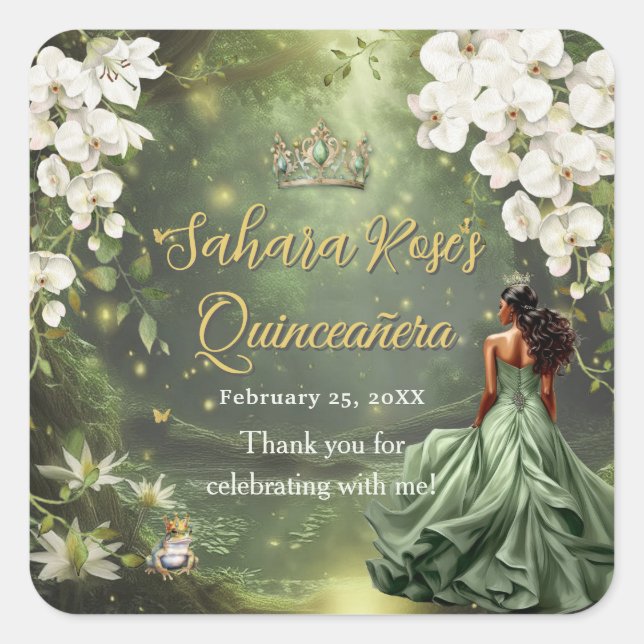 Brown Princess and Frog Sage Green Quinceanera 16 Square Sticker (Front)