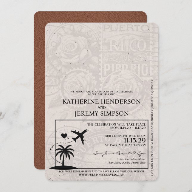 Brown Puerto Rico Passport Wedding Invitation (Front/Back)