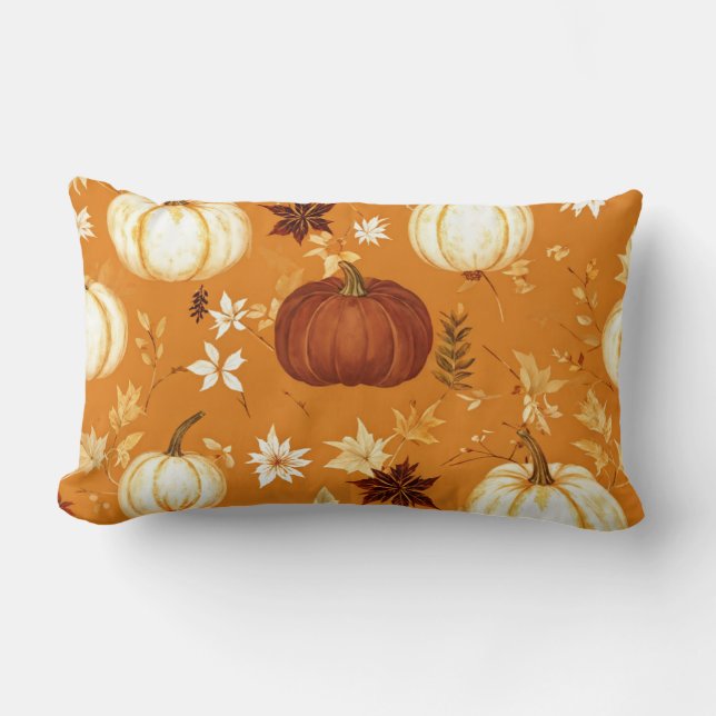 Brown Pumpkin Floral Autumn and Fall Pattern Lumbar Cushion (Front)
