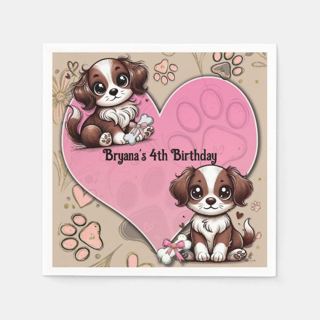 Brown Puppy Dog Pink Paw & Heart Birthday Party  Napkin (Front)