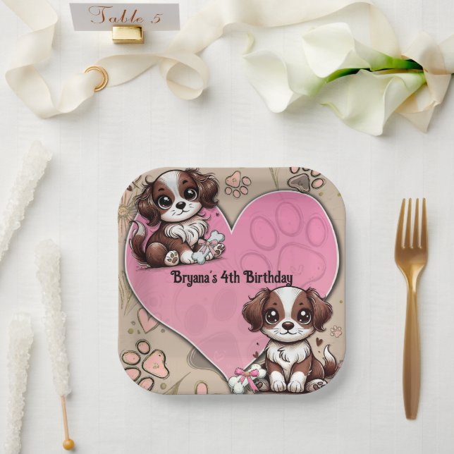 Brown Puppy Dog Pink Paw & Heart Birthday Party  Paper Plate (Wedding)
