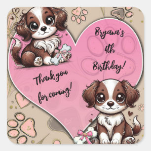 Brown Puppy Dog Pink Paw & Heart Birthday Party  Square Sticker