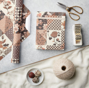 Brown Quilt Earthy Gingham Cottagecore Floral Wrapping Paper