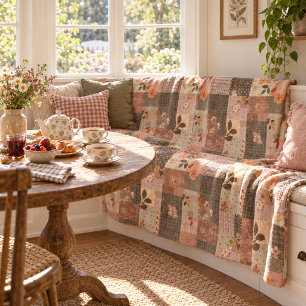 Brown Quilt Patchwork Gingham Cottagecore Floral Fleece Blanket