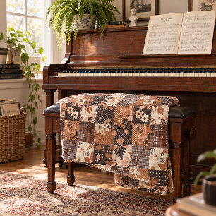 Brown Quilt Patchwork Gingham Cottagecore Floral Fleece Blanket