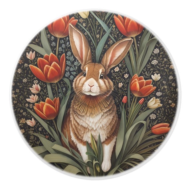 Brown Rabbit Red Tulips William Morris Inspired Ceramic Knob (Front)