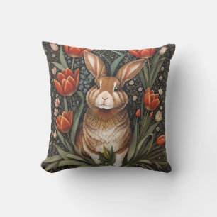 Brown Rabbit Red Tulips William Morris Inspired Cushion