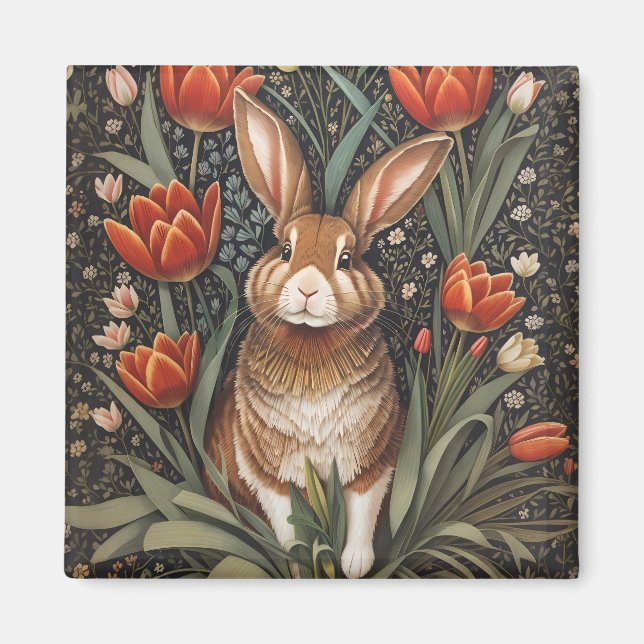 Brown Rabbit Red Tulips William Morris Inspired Magnet (Front)