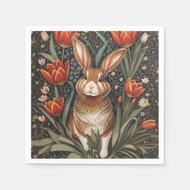 Brown Rabbit Red Tulips William Morris Inspired Napkin (Front)