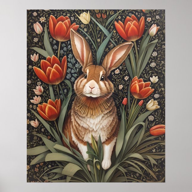 Brown Rabbit Red Tulips William Morris Inspired Poster (Front)