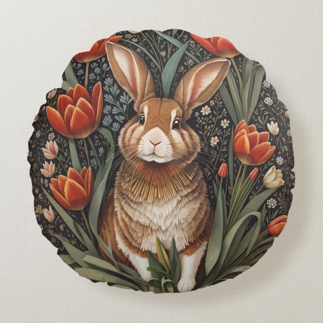 Brown Rabbit Red Tulips William Morris Inspired Round Cushion (Front)