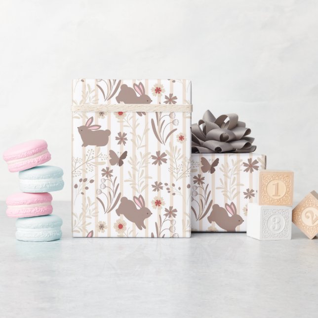 Brown Rabbits on Tan and White Striped  Wrapping Paper (Baby Shower)