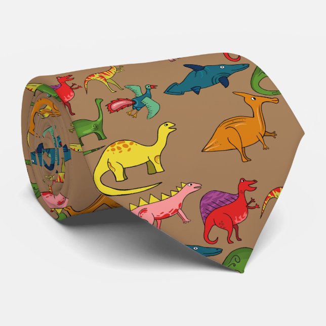 Brown Rainbow Dinosaurs Tie (Rolled)