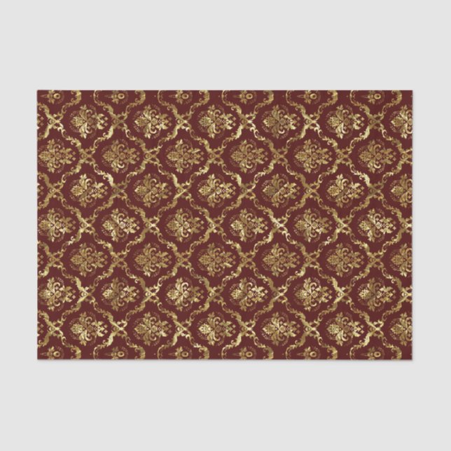 Brown-Red And Faux Shiny Gold Floral Damasks Lace Tissue Paper (Front)
