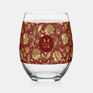 Brown Red and Gold Floral Damask Monogram Stemless Wine Glass
