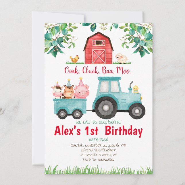 Brown Red Farm Animals Birthday Invitations (Front)