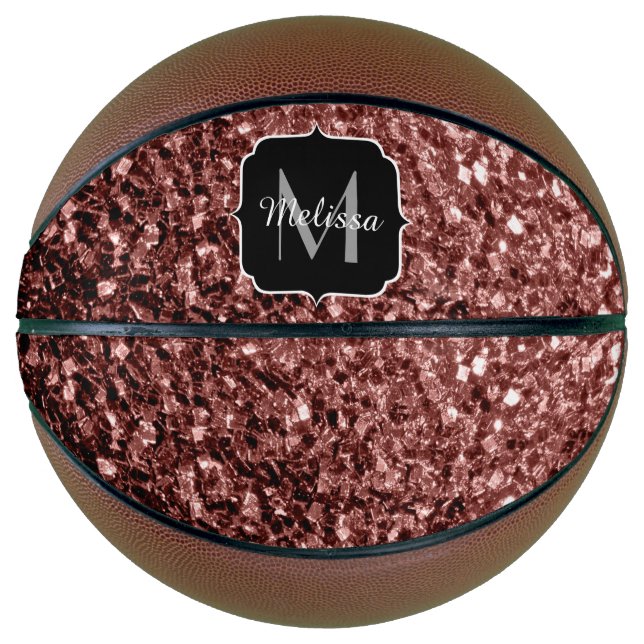 Brown red faux glitter sparkle Monogram name Basketball (Front)