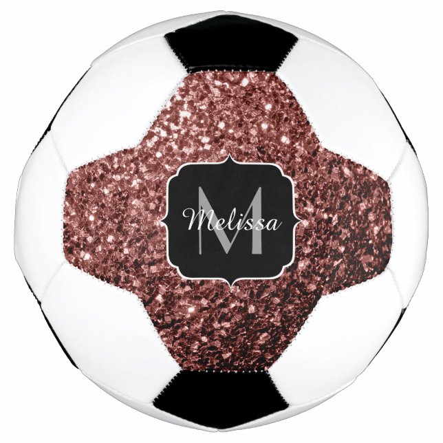 Brown red faux glitter sparkle Monogram name Soccer Ball (Front)