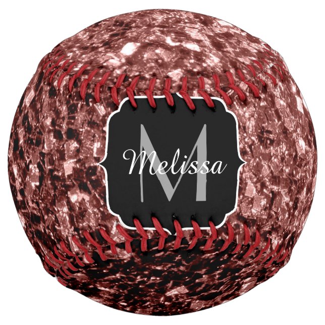Brown red faux glitter sparkle Monogram name Softball (Front)