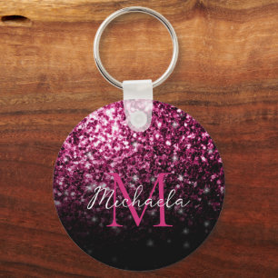 Brown Red faux Glitter sparkles bling Monogram Key Ring