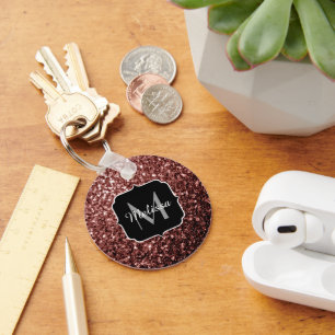 Brown Red faux Glitter sparkles Monogram Key Ring