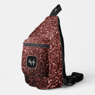 Brown red faux glitter sparkles Monogram Sling Bag