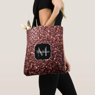 Brown Red faux Glitter sparkles Monogram Tote Bag