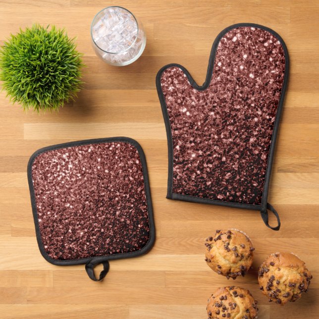 Brown red faux glitter sparkles oven mitt & pot holder set (Top Down)