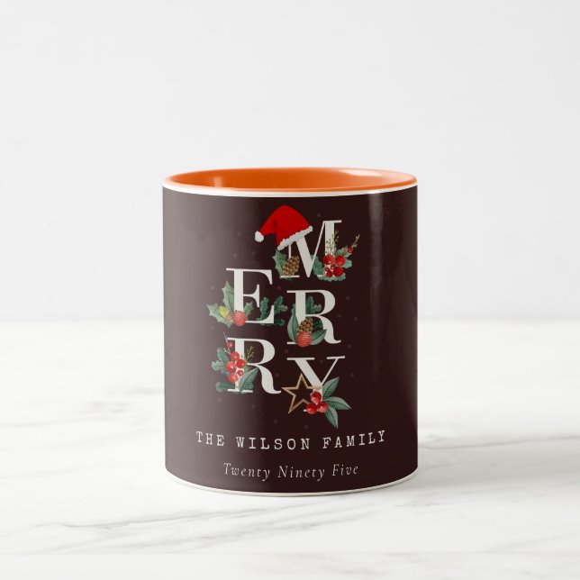 Brown Red Green White Merry Christmas Foliage Two-Tone Coffee Mug (Center)
