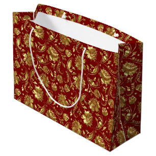 Brown-red & Shiny Gold Damask Pattern Large Gift Bag