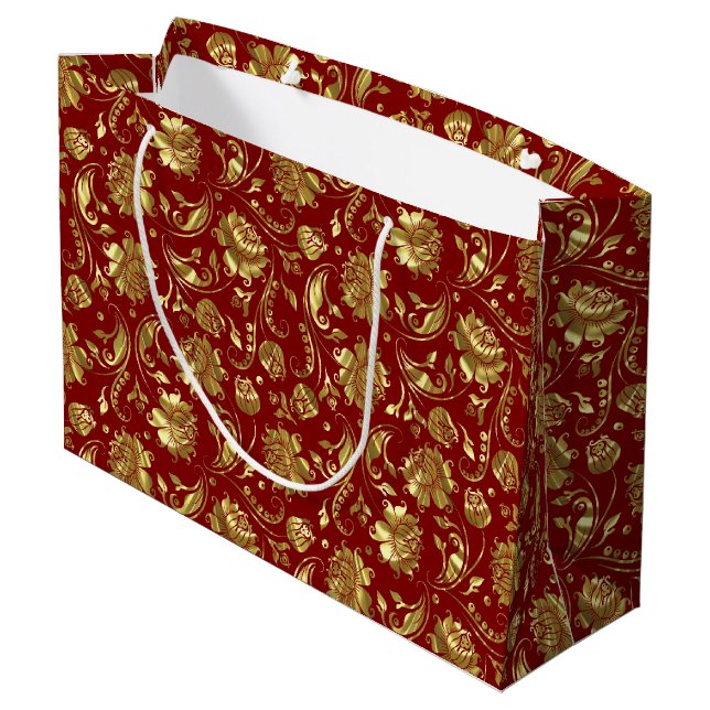 Brown-red & Shiny Gold Damask Pattern Large Gift Bag (Back Angled)
