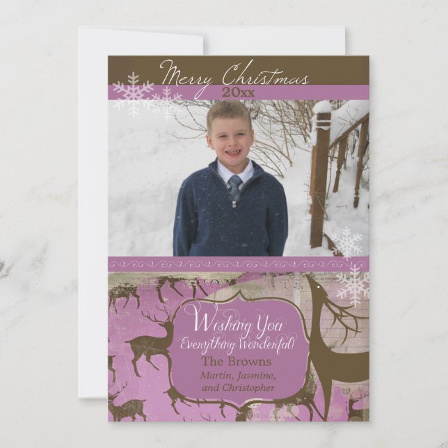 Brown Reindeer on Lavender Photo Holiday Card (Front)