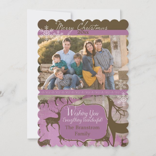 Brown Reindeer on Lavender Photo Holiday Card (Front)