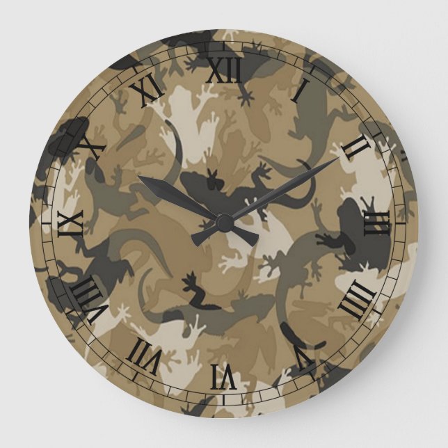 Brown Reptile Camouflage Round Roman Numeral Clock (Front)