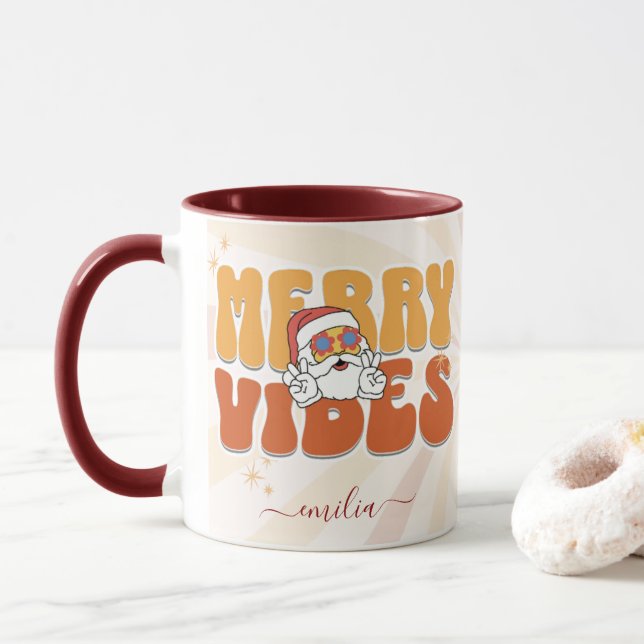 Brown Retro 70s Themed Merry Vibes Custom Name Mug (With Donut)