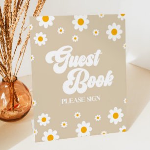 Brown Retro Daisy Flower Guest Book Party Sign